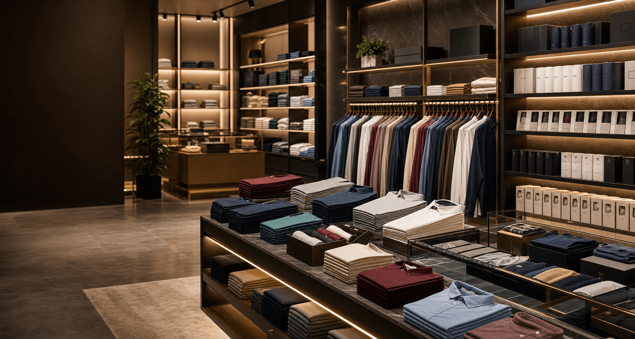 Premium garment showroom with folded apparel and display racks